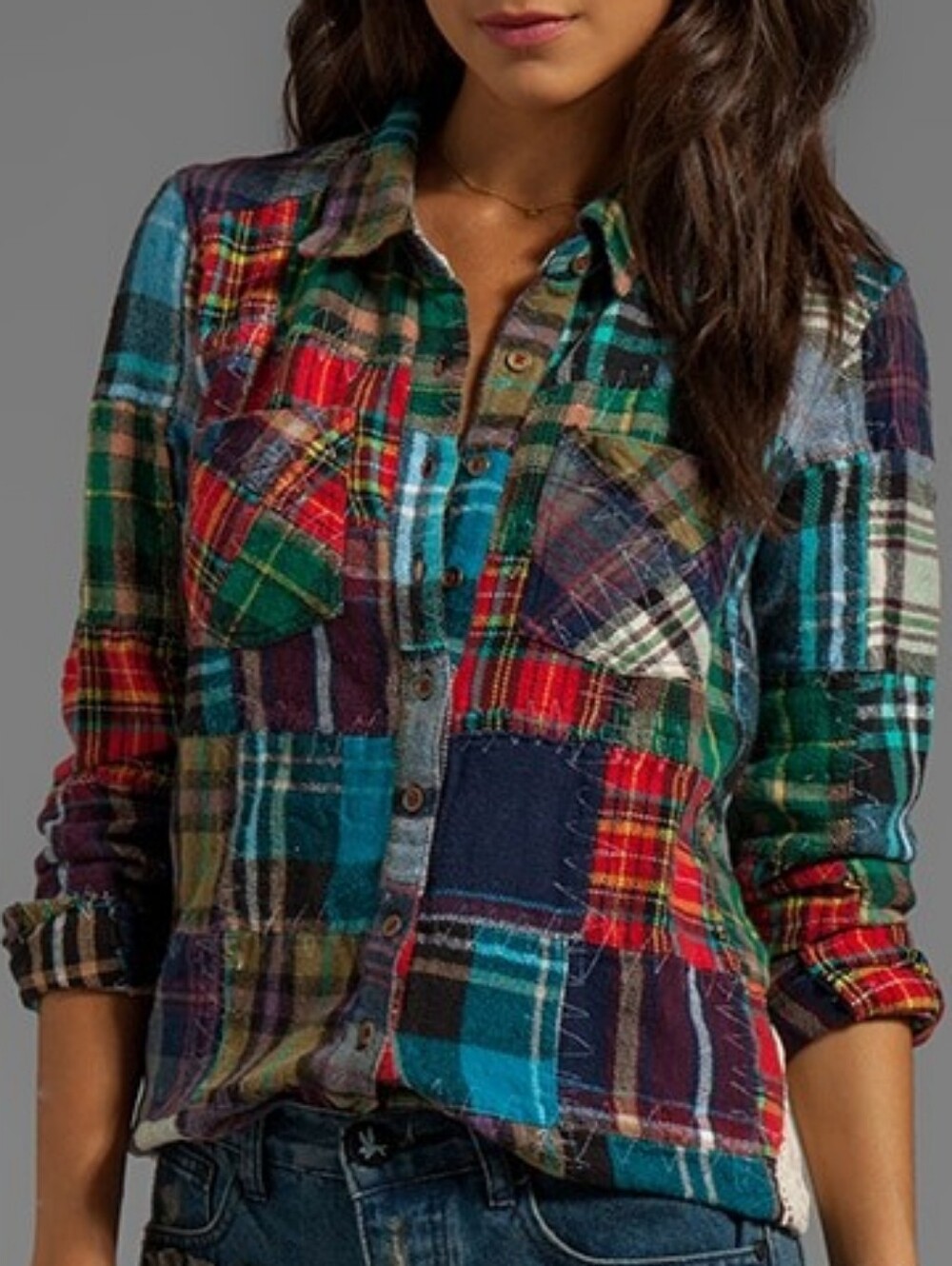 Free People Lost in Plaid Patchwork Flannel Cotton Buttondown Sz M Boho Comfy